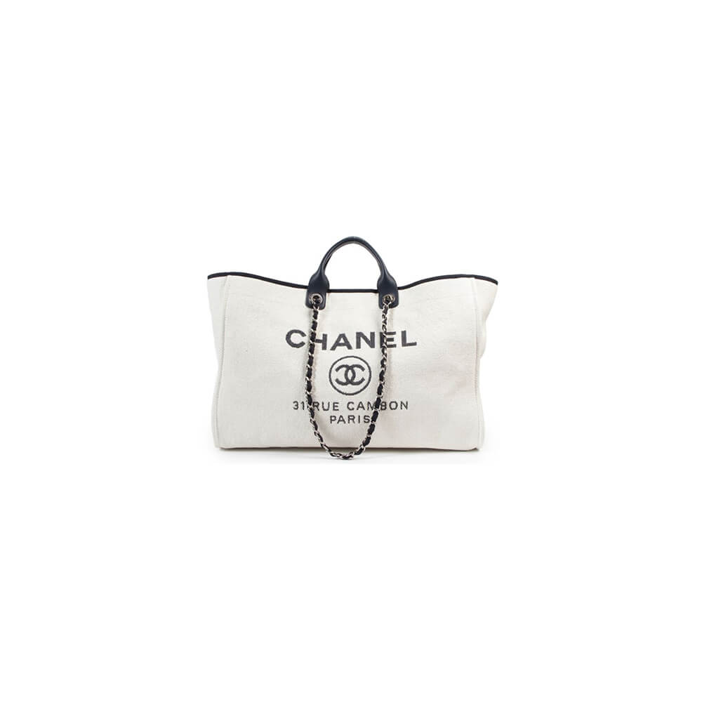 CHANEL Woven Straw Raffia Striped Medium Deauville Tote