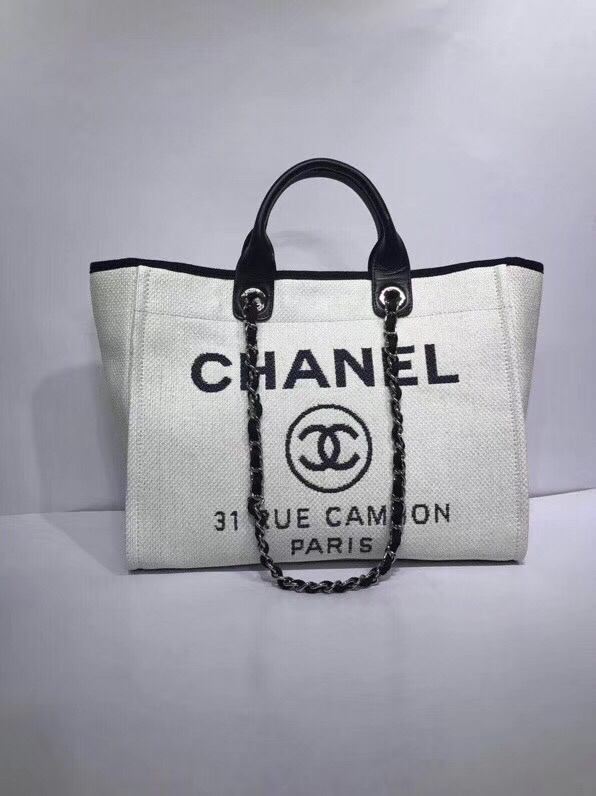 CHANEL Woven Straw Raffia Striped Medium Deauville Tote