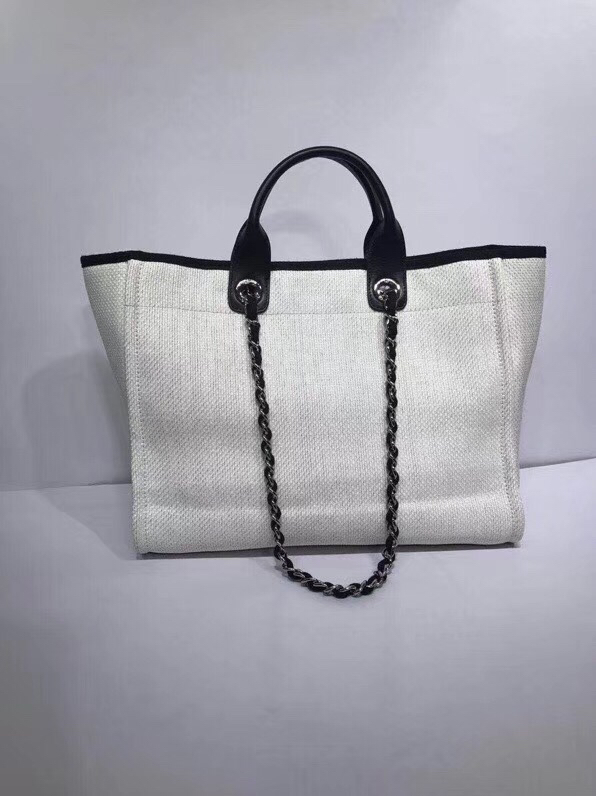 CHANEL Woven Straw Raffia Striped Medium Deauville Tote