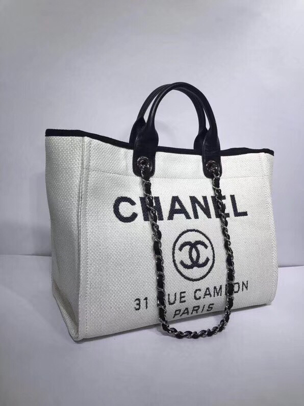 CHANEL Woven Straw Raffia Striped Medium Deauville Tote